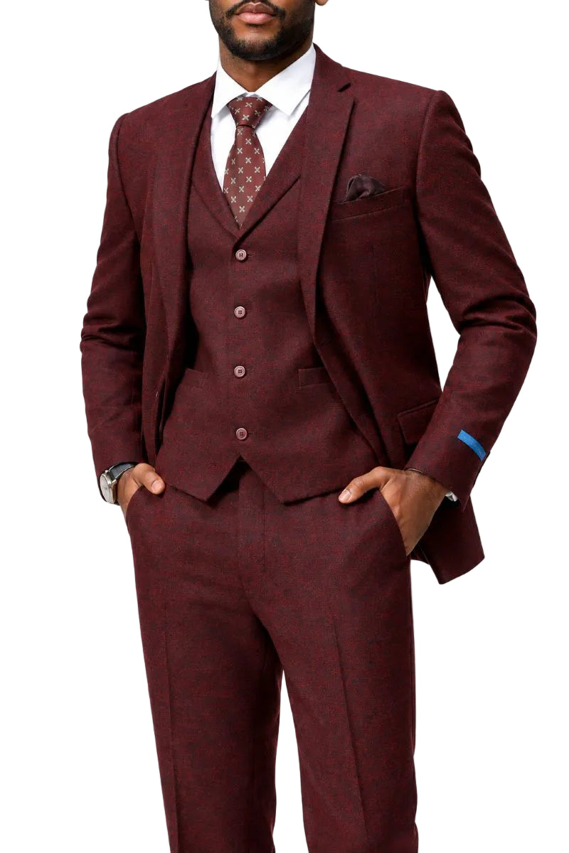 Burgundy Tweed Single Breasted Hybrid Fit 3-Piece Suit