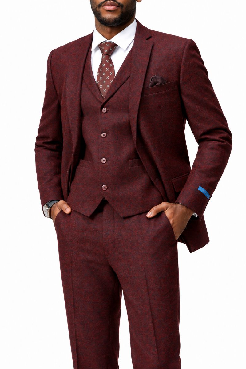 Burgundy Tweed Single Breasted Hybrid Fit 3-Piece Suit
