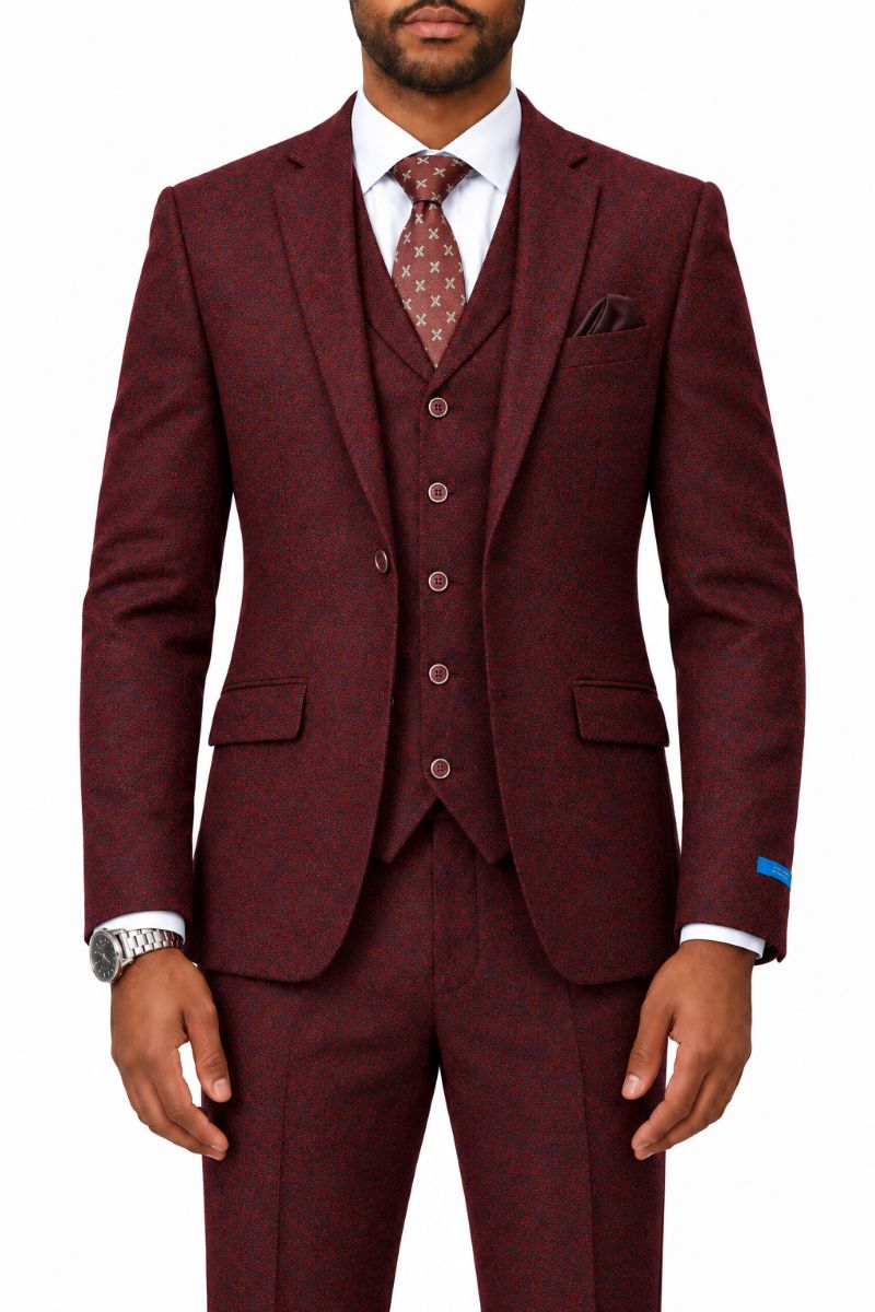 Burgundy Tweed Single Breasted Hybrid Fit 3-Piece Suit