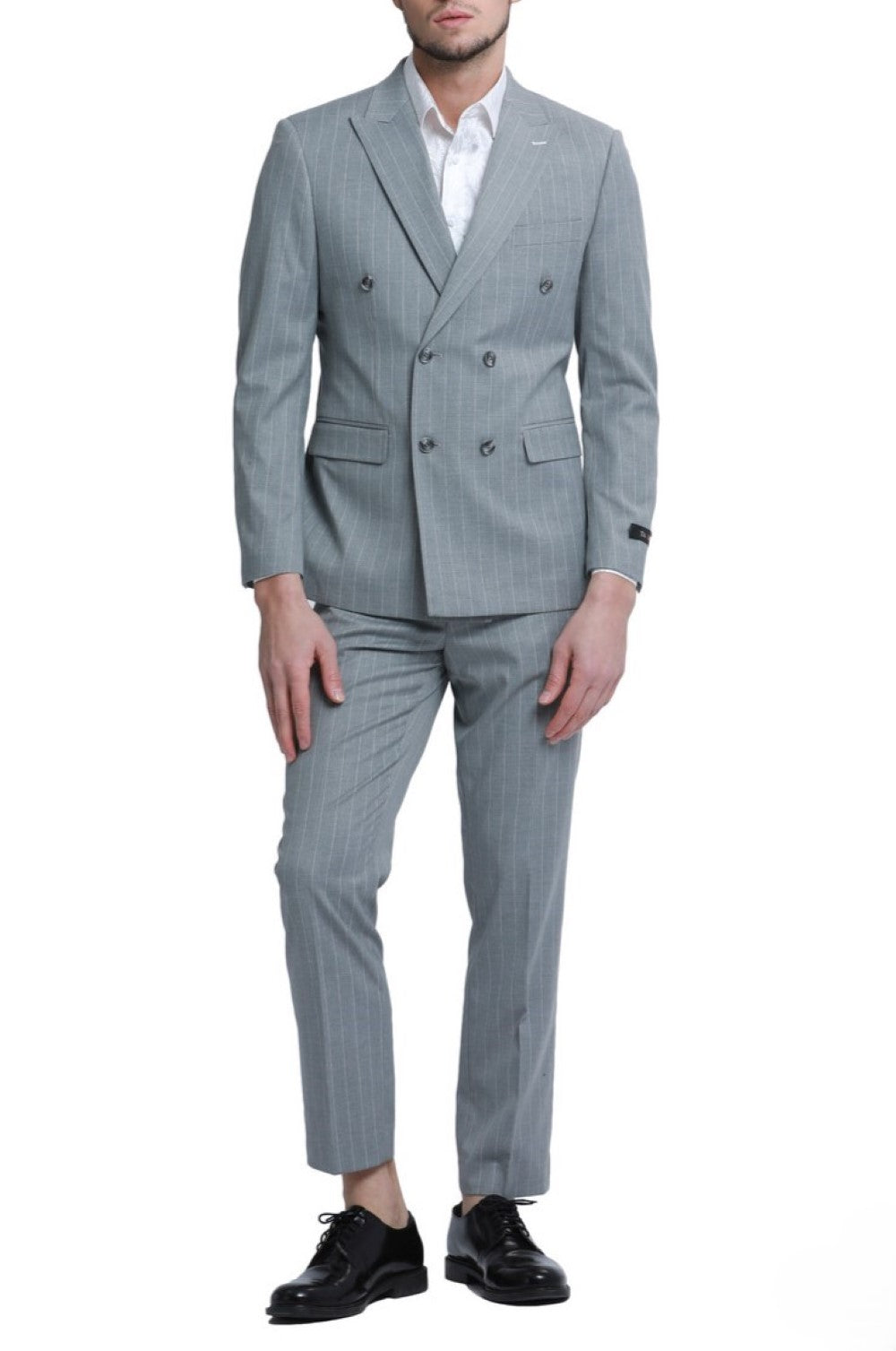 Men's Slim Fit Gray 2 Piece Double Breasted Pinstripe Suit
