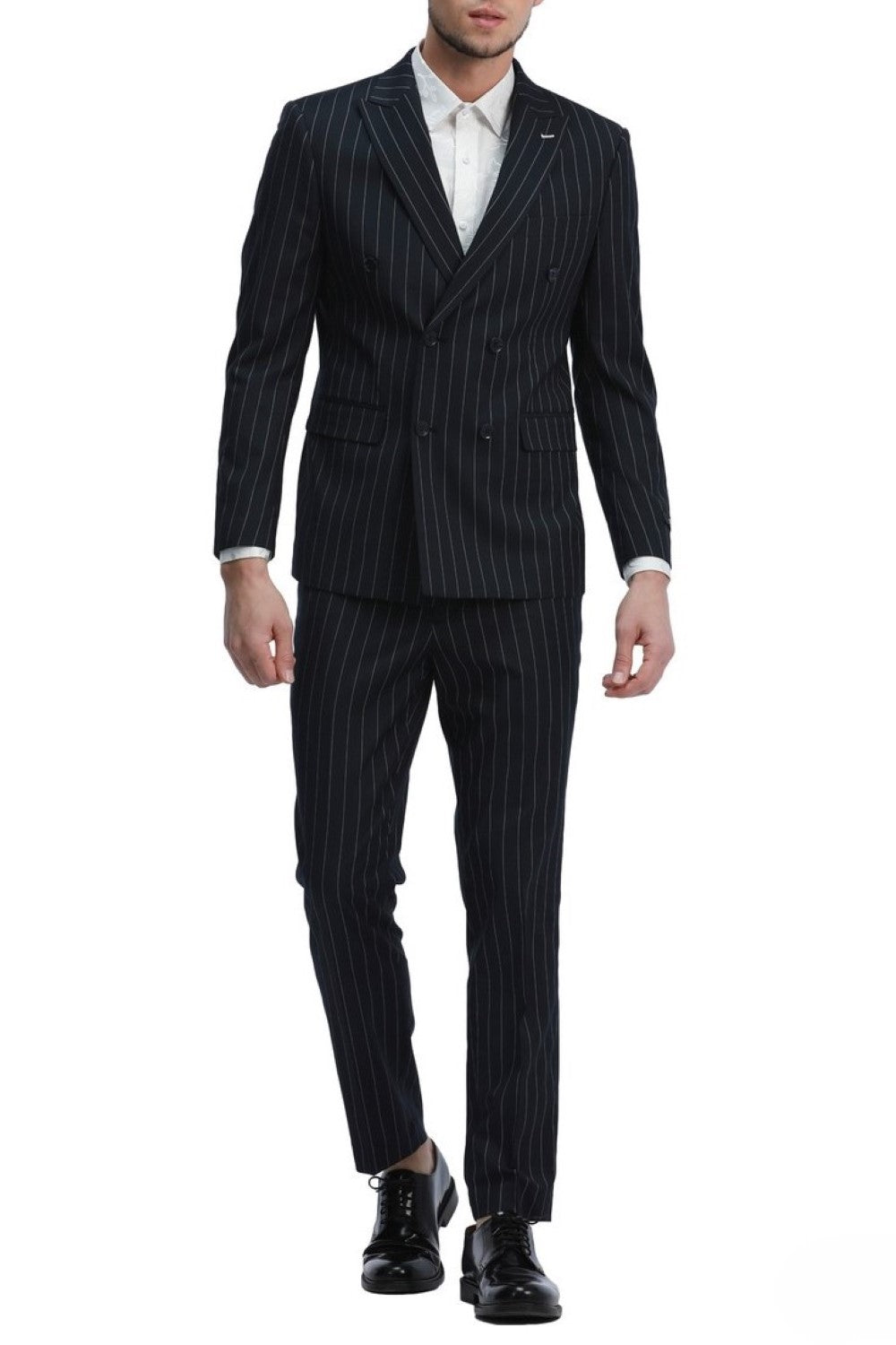 Men's Slim Fit Navy 2 Piece Double Breasted Pinstripe Suit