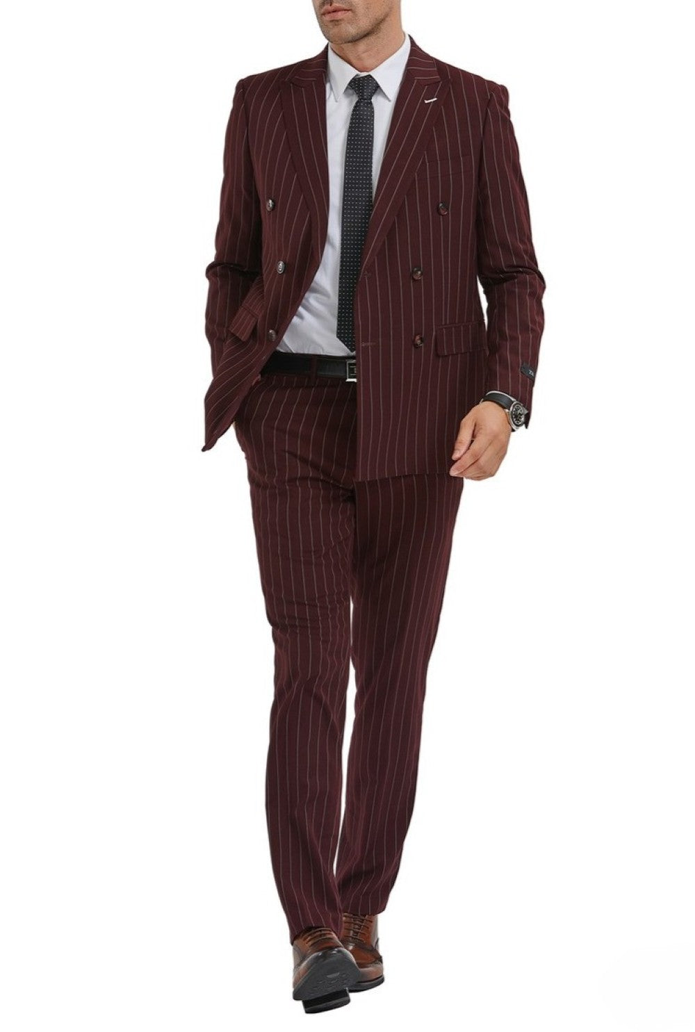 Men's Slim Fit Burgundy 2 Piece Double Breasted Pinstripe Suit