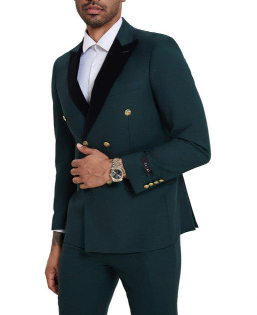 Tazio Dark Green 2 Piece Slim Fit Double Breasted Tuxedo jacket, solid pattern, with tie, collar, buttons, and pocket.