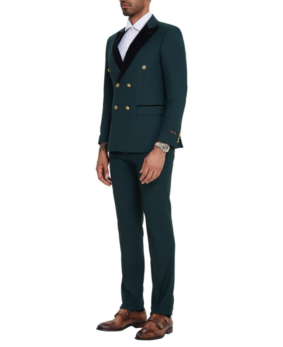 Solid Dark Green 2 Piece Slim Fit Double Breasted Tuxedo jacket, showing its button configuration and worn with shoes.