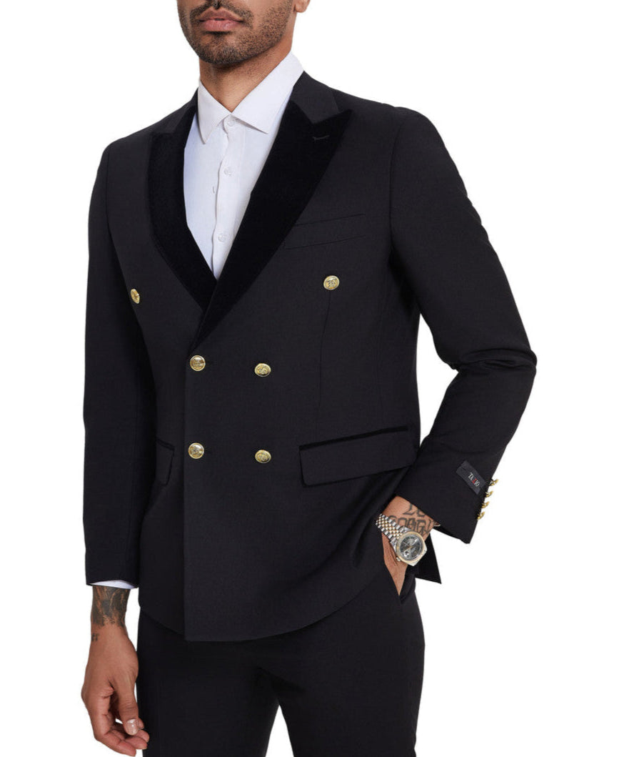 Detailed close-up of solid black buttons and collar on the Tazio Black 2 Piece Slim Fit Double Breasted Tuxedo jacket.