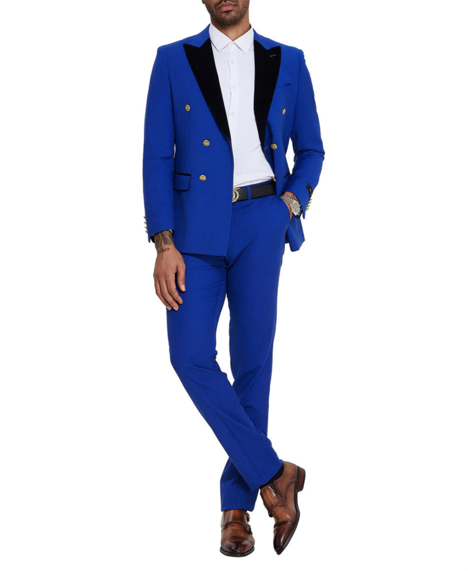 Tazio Royal Blue 2 Piece Slim Fit Double Breasted Tuxedo jacket, solid, showing collar, buttons, and pockets.