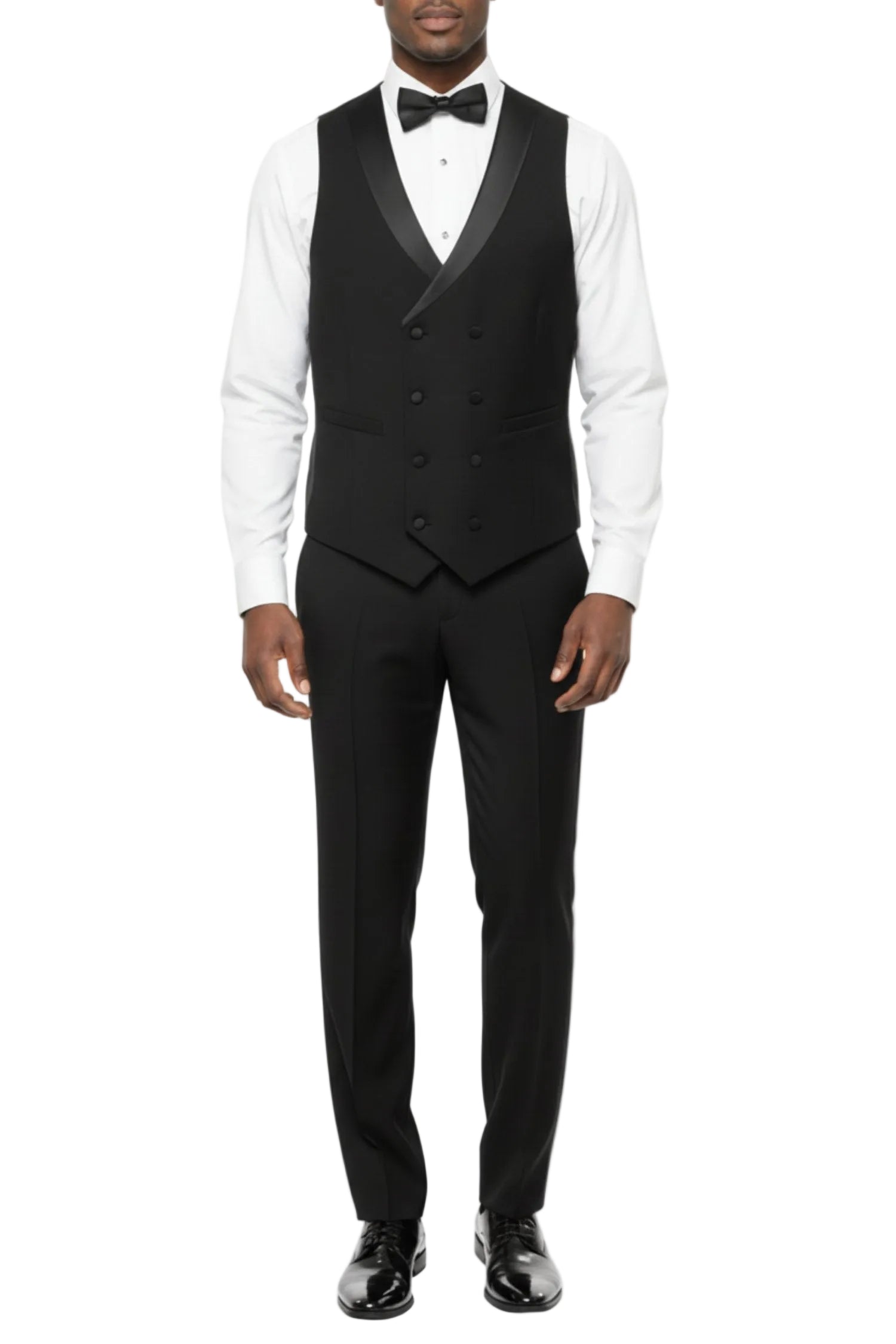 Black tuxedo with white shirt and bow tie on a white background