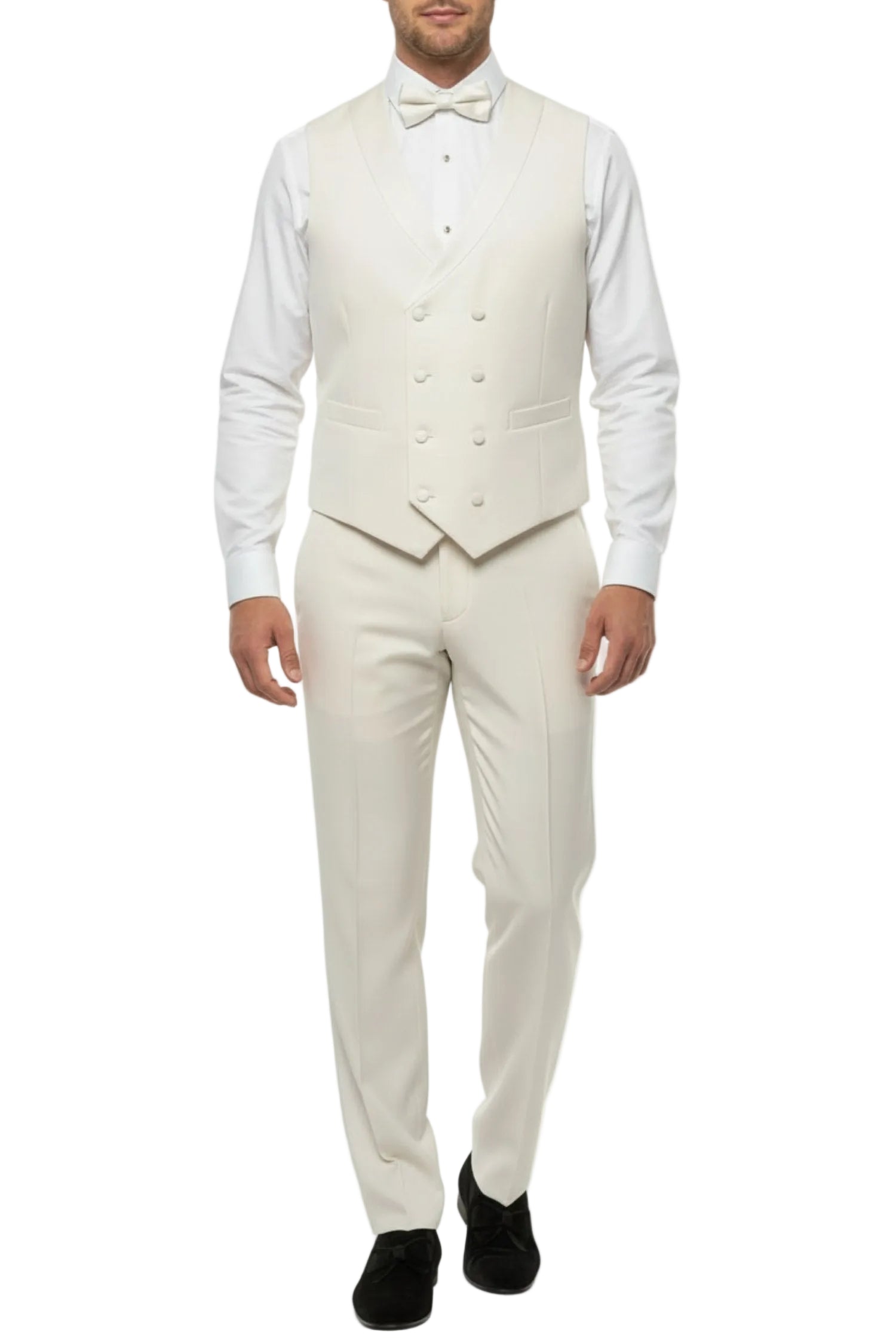 White tuxedo with vest and bow tie on a white background