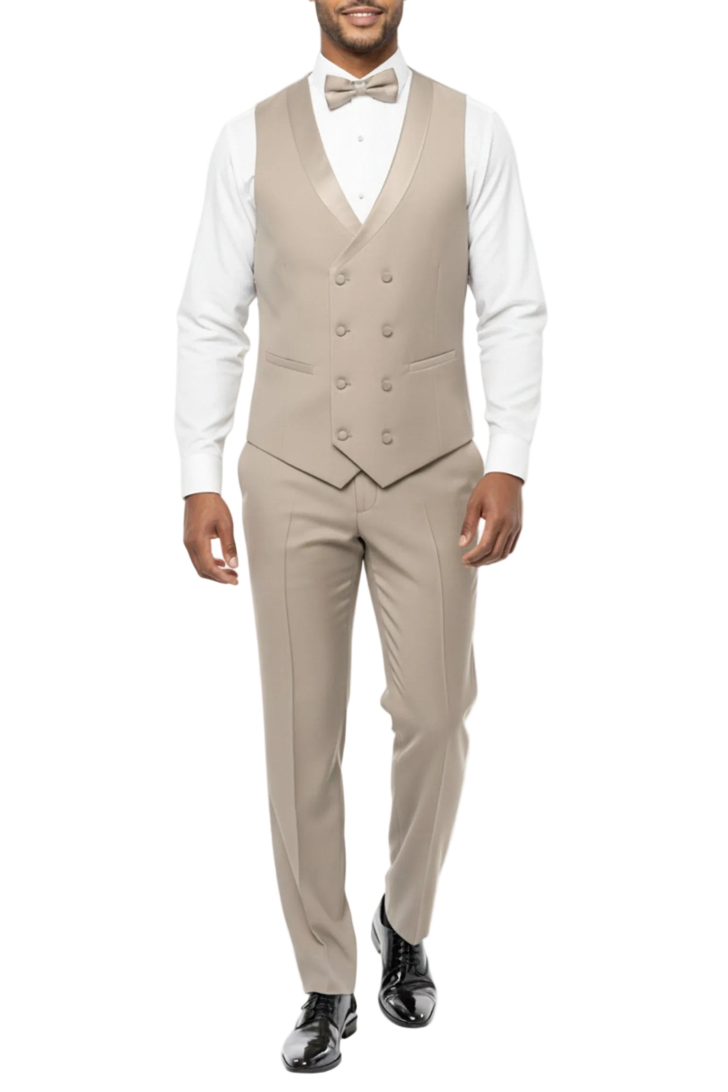 Man wearing a beige suit vest and pants with a white shirt on a white background