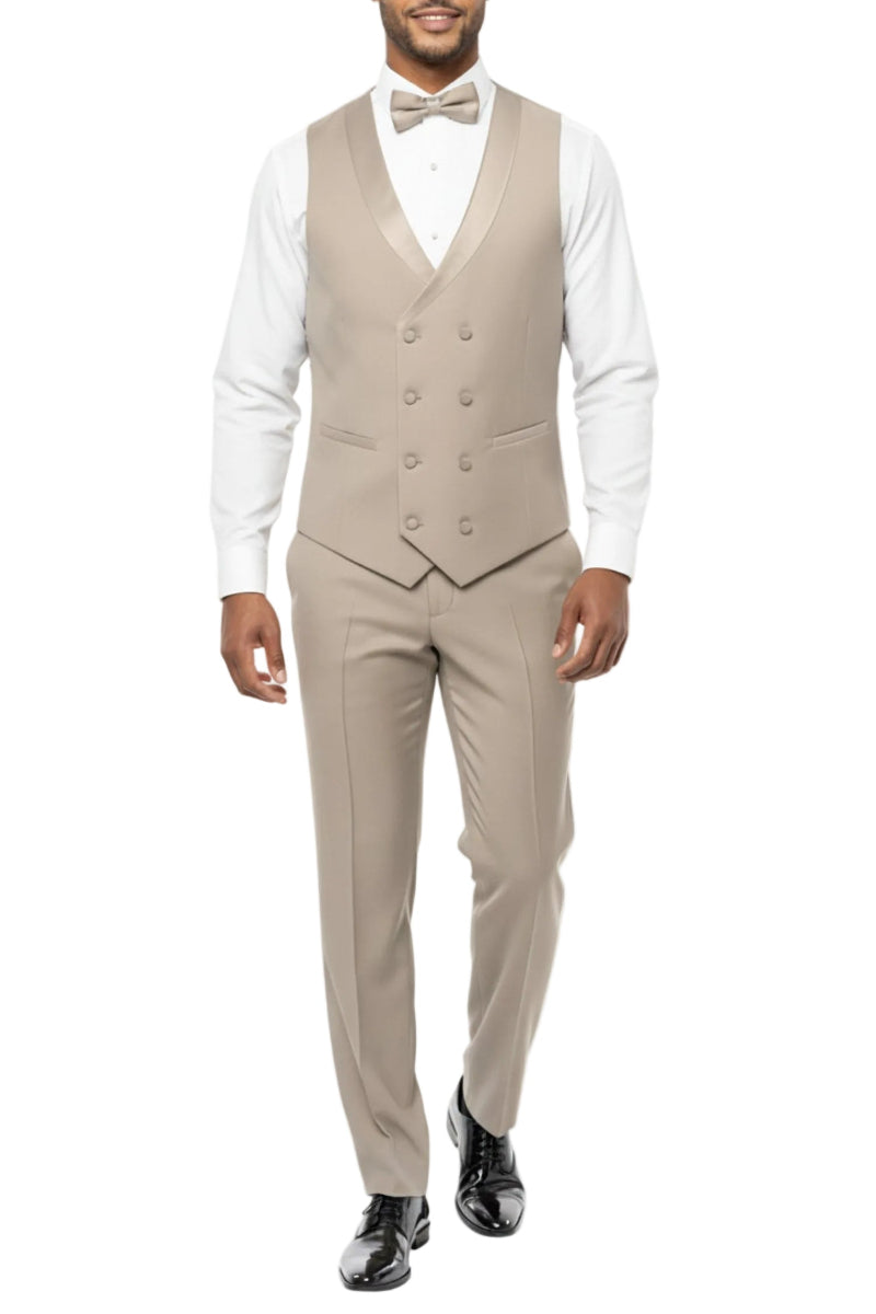 Man wearing a beige suit vest and pants with a white shirt on a white background