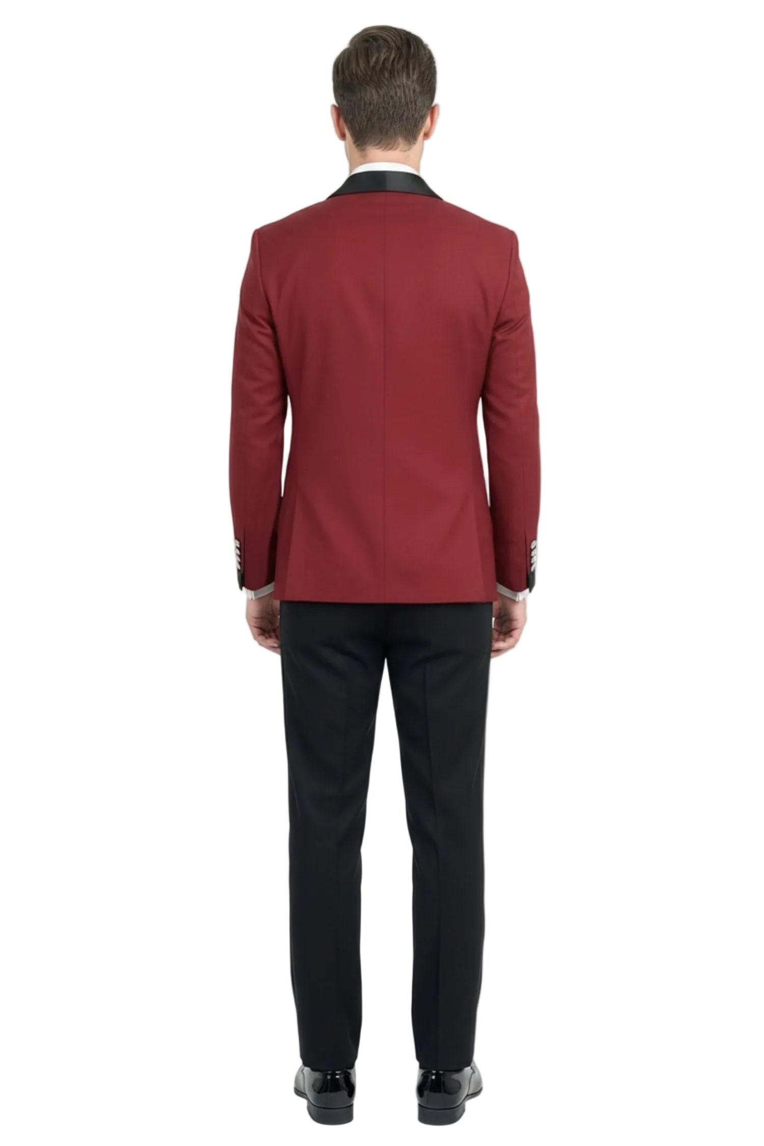 Man wearing a red blazer and black pants on a white background