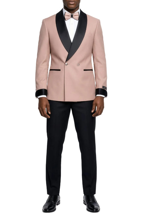 Mauve slim fit 2 piece men's double breasted tuxedo with shawl lapel
