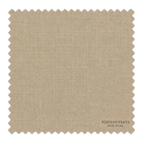 A square fabric swatch with zigzag-cut edges in a warm beige/tan woven material, shown on a white background with the text 'SUITS-OUTLETS NEW YORK' printed near the lower right corner.
