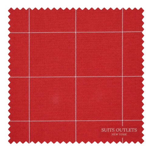 A red fabric swatch with a white windowpane plaid pattern and serrated edges, featuring the text 'SUITS OUTLETS NEW YORK' in the lower right corner.