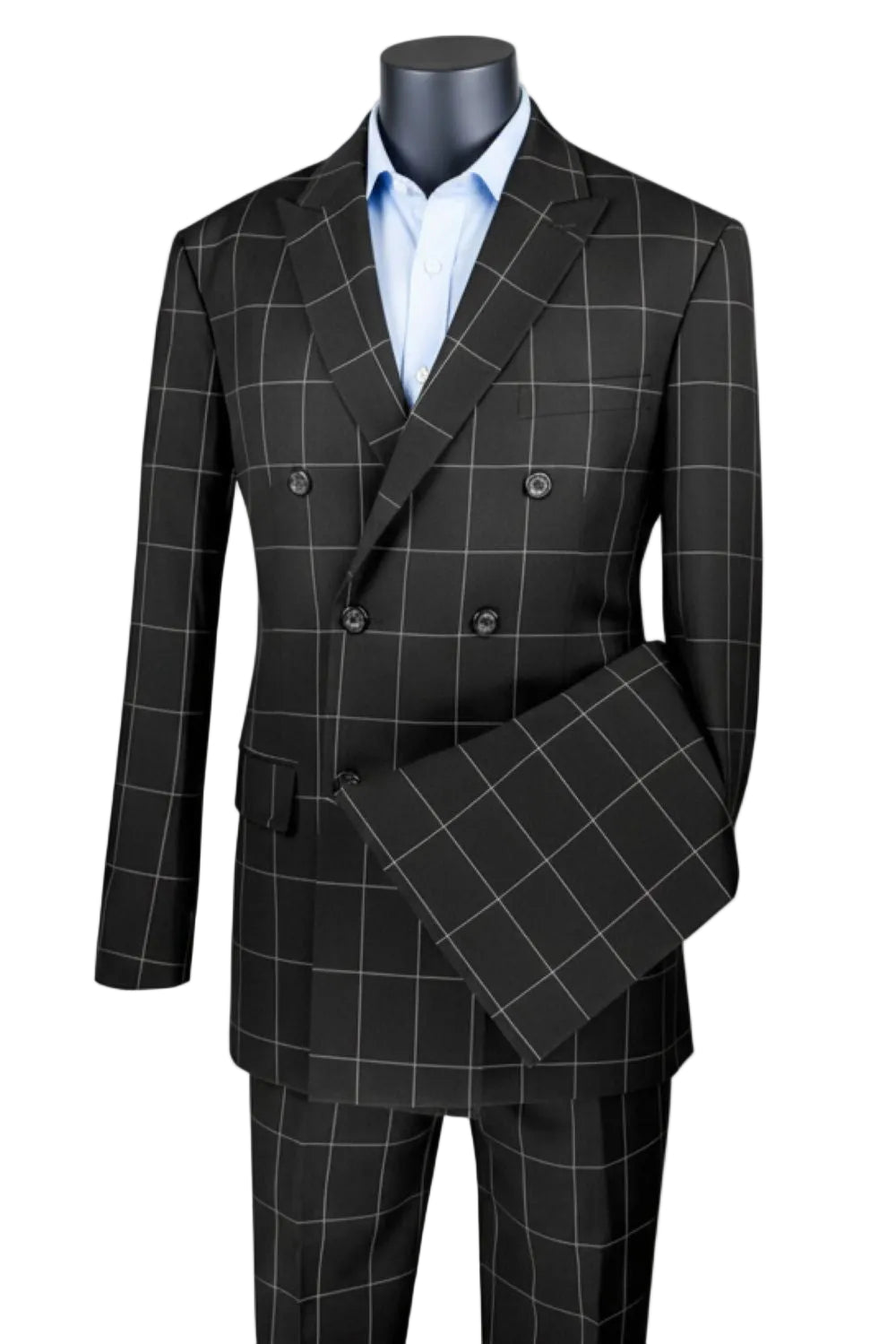 Naples Collection - Black Modern Fit Double Breasted Windowpane Peak Lapel 2 Piece Suit
