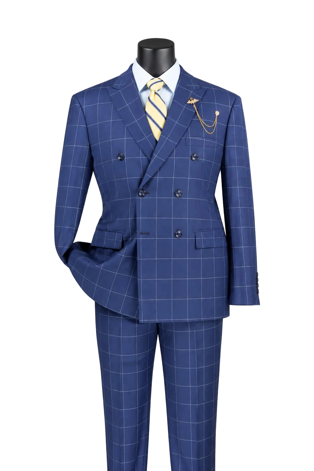 Naples Collection - Blue Modern Fit Double Breasted Windowpane Peak Lapel 2 Piece Suit