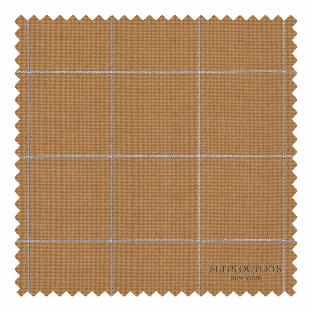 A square fabric swatch with scalloped edges in a warm camel brown color, featuring a subtle white windowpane grid pattern and the text 'SUITS OUTLETS NEW YORK' printed in the lower right corner.
