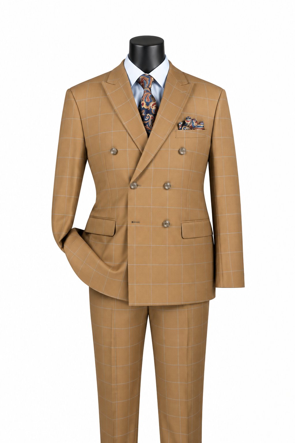 Naples Collection - Camel Modern Fit Double Breasted Windowpane Peak Lapel 2 Piece Suit