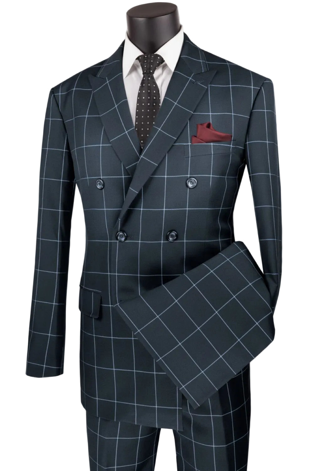 Naples Collection - Gray Modern Fit Double Breasted Windowpane Peak Lapel 2 Piece Suit
