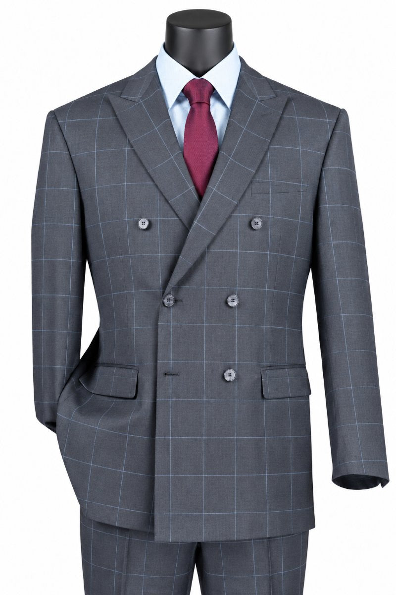 Naples Collection - Gray Modern Fit Double Breasted Windowpane Peak Lapel 2 Piece Suit
