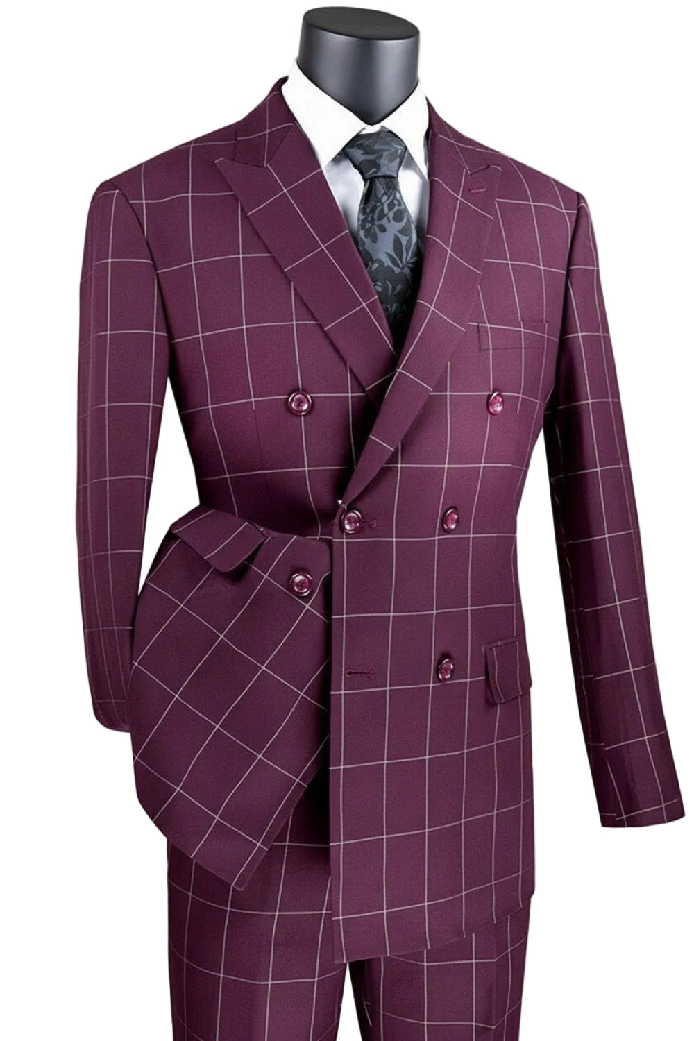 Naples Collection - Wine Modern Fit Double Breasted Windowpane Peak Lapel 2 Piece Suit