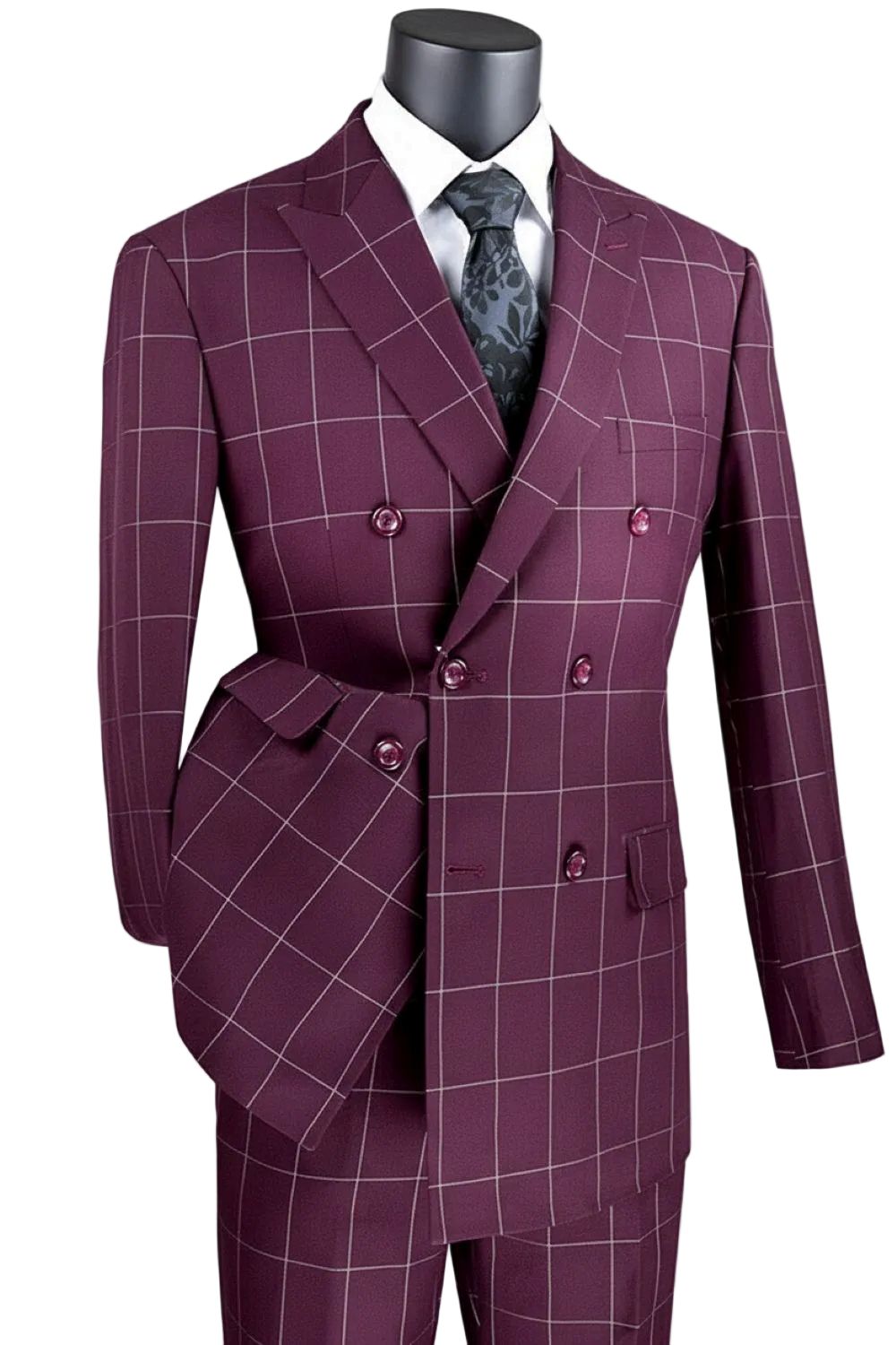 Purple checkered suit on a mannequin with a white background