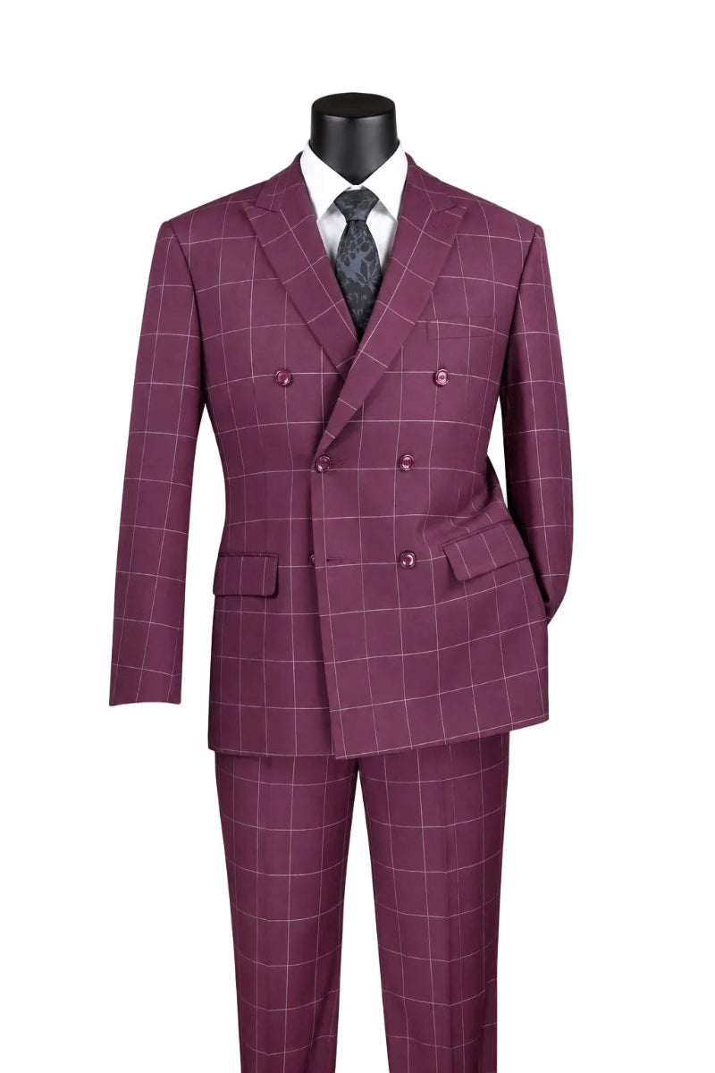 Naples Collection - Wine Modern Fit Double Breasted Windowpane Peak Lapel 2 Piece Suit
