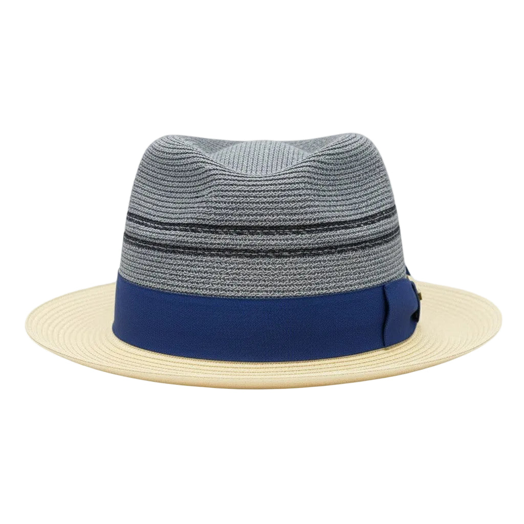 Gray straw hat with a blue band and beige rim on a white background