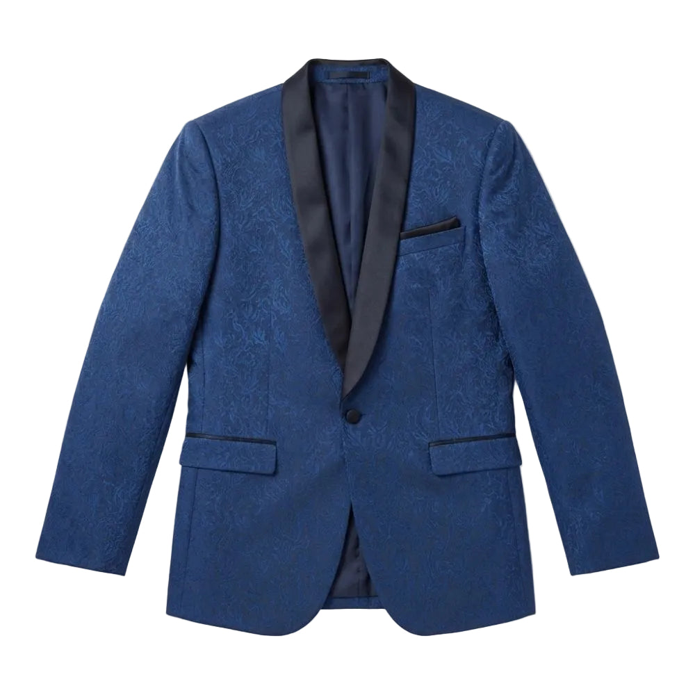 A men's blue patterned blazer with black satin shawl lapels, shown flat against a white background.