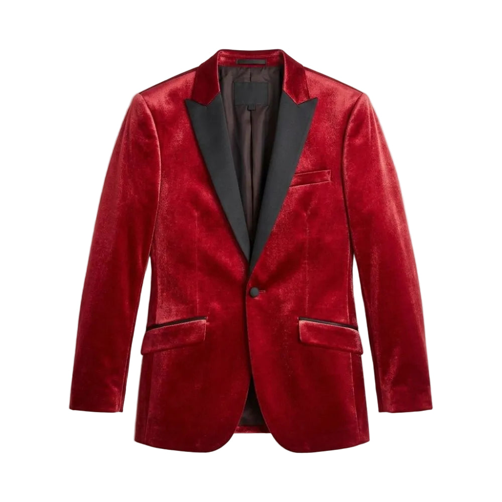 A red velvet blazer with black satin lapels, shown flat against a light gray background.