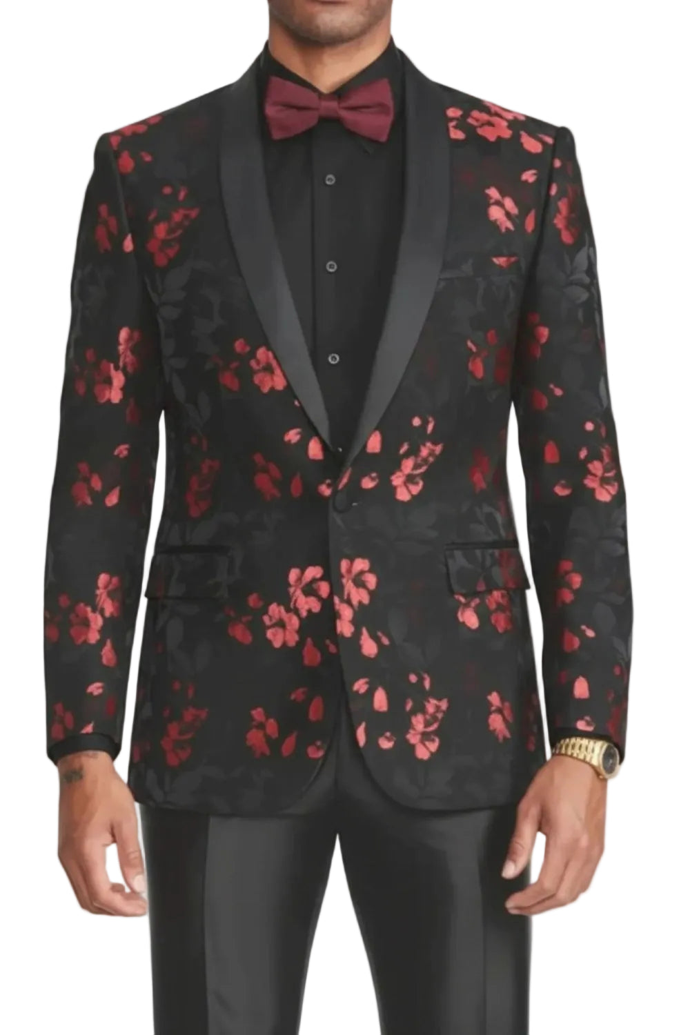 Black Slim Fit Blazer Red Floral Pattern Satin Shawl Collar