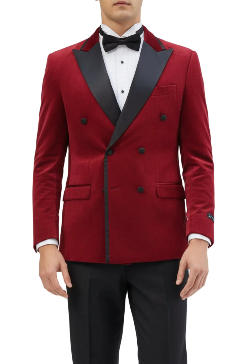 Burgundy slim fit men's double breasted velvet jacket