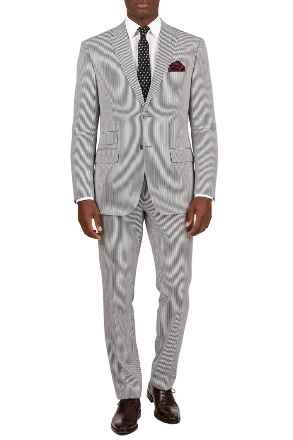 Gray pinstripe suit worn by a person on a white background