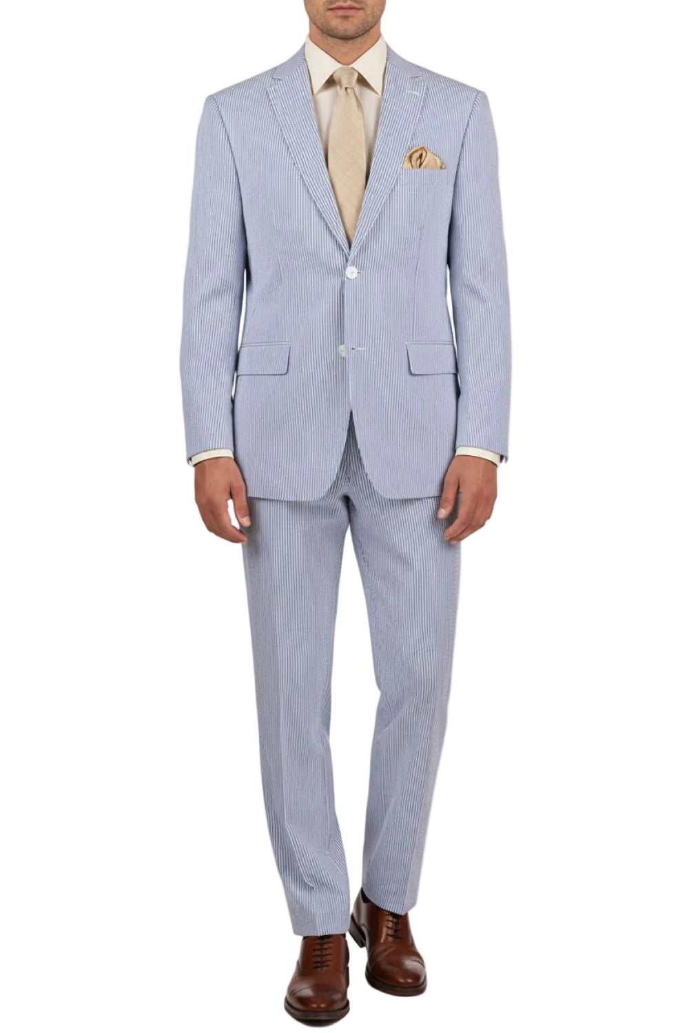 Light blue suit with a beige shirt and brown shoes on a white background