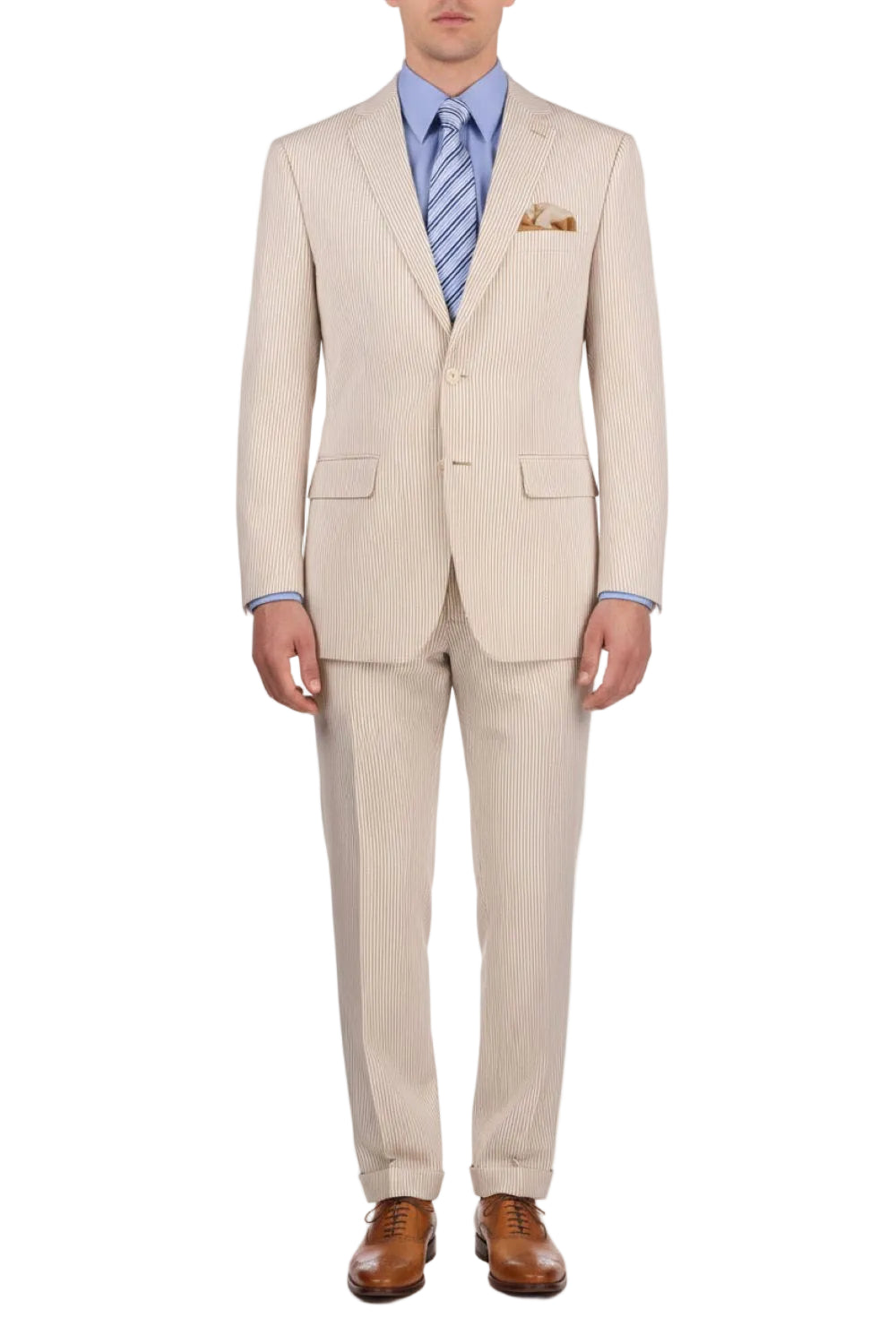 Beige suit with a striped shirt and brown shoes on a white background
