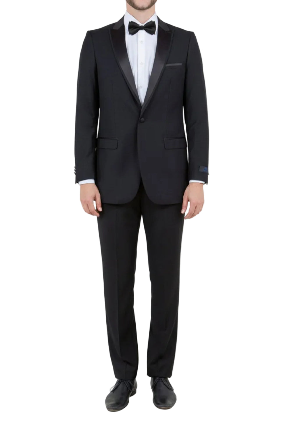 Black tuxedo with satin lapels on a white background