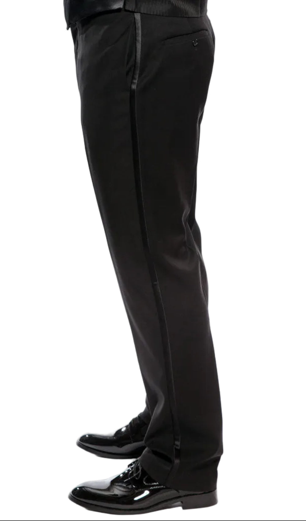 Black dress pants worn by a person on a white background