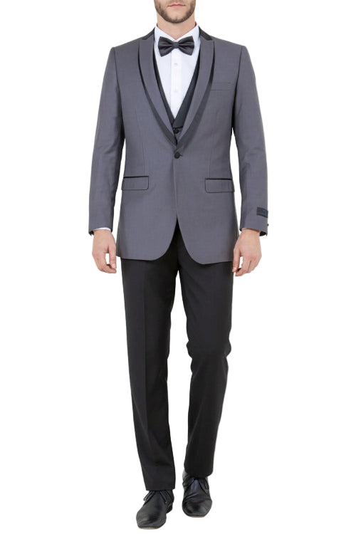 Gray slim fit 3 piece men's tuxedo with satin shawl collar vest