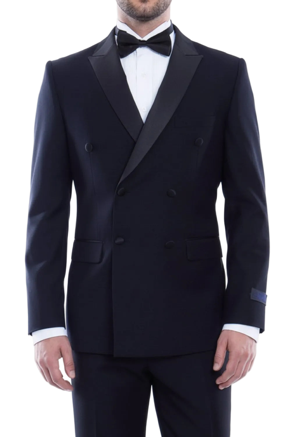 Double Breasted Slim Fit Tuxedo Navy with Black Satin Peak Lapel