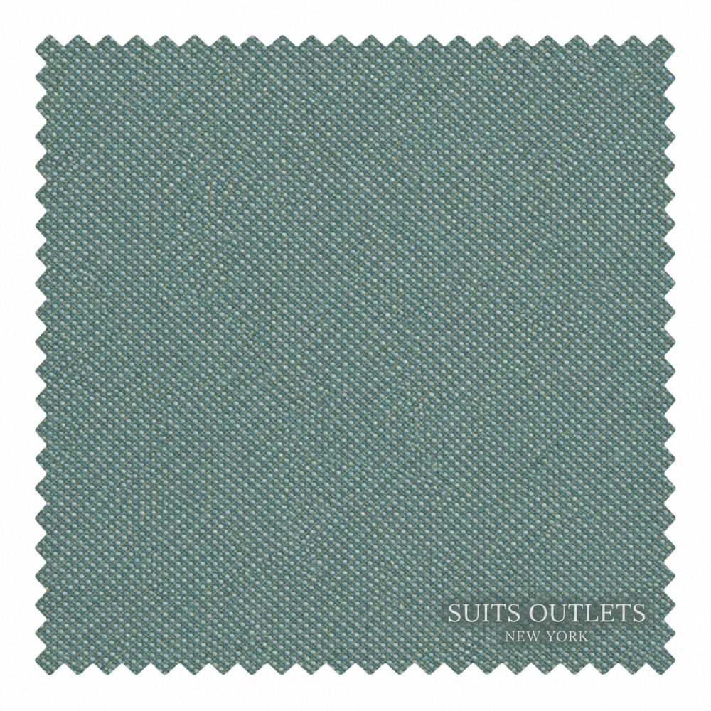A square fabric swatch with serrated edges in a muted teal-green color, featuring a fine woven texture and the text 'Suits Outlets New York' printed near the bottom right corner.