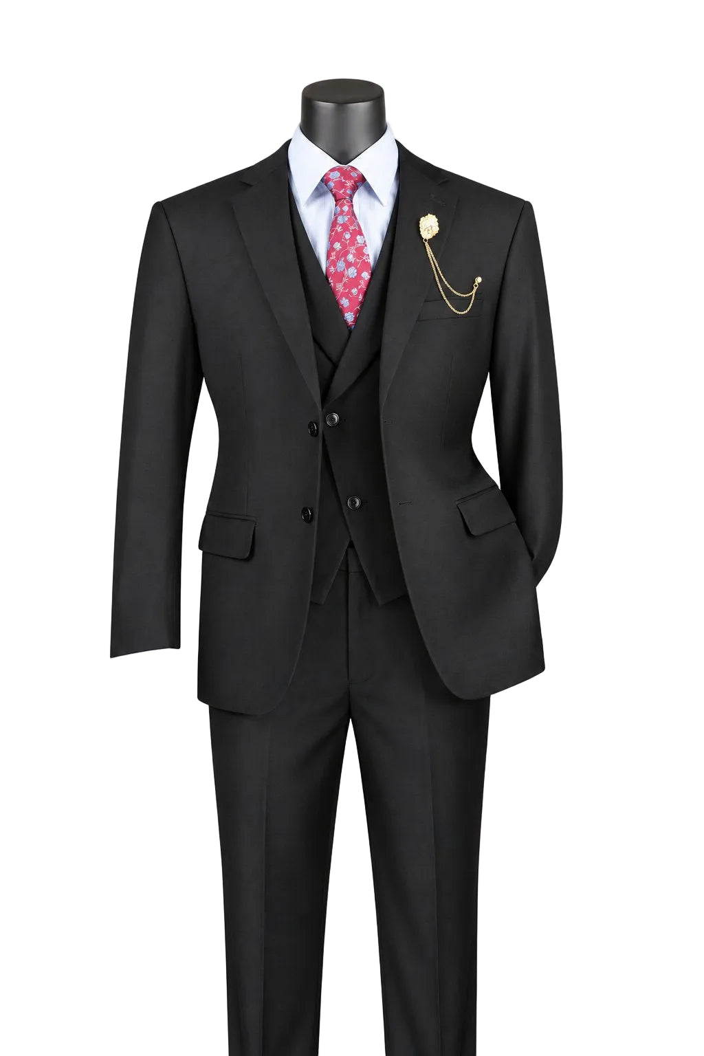 Black Modern Fit 3 Piece Suit with Vest and Adjustable Waistband Pants