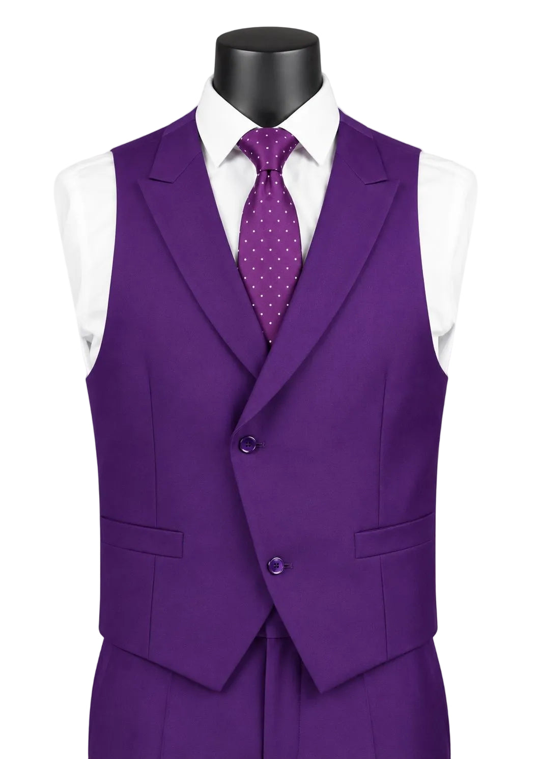 A men's purple three-piece suit displayed on a black mannequin torso, styled with a white dress shirt and a purple polka-dot tie against a light gray background.