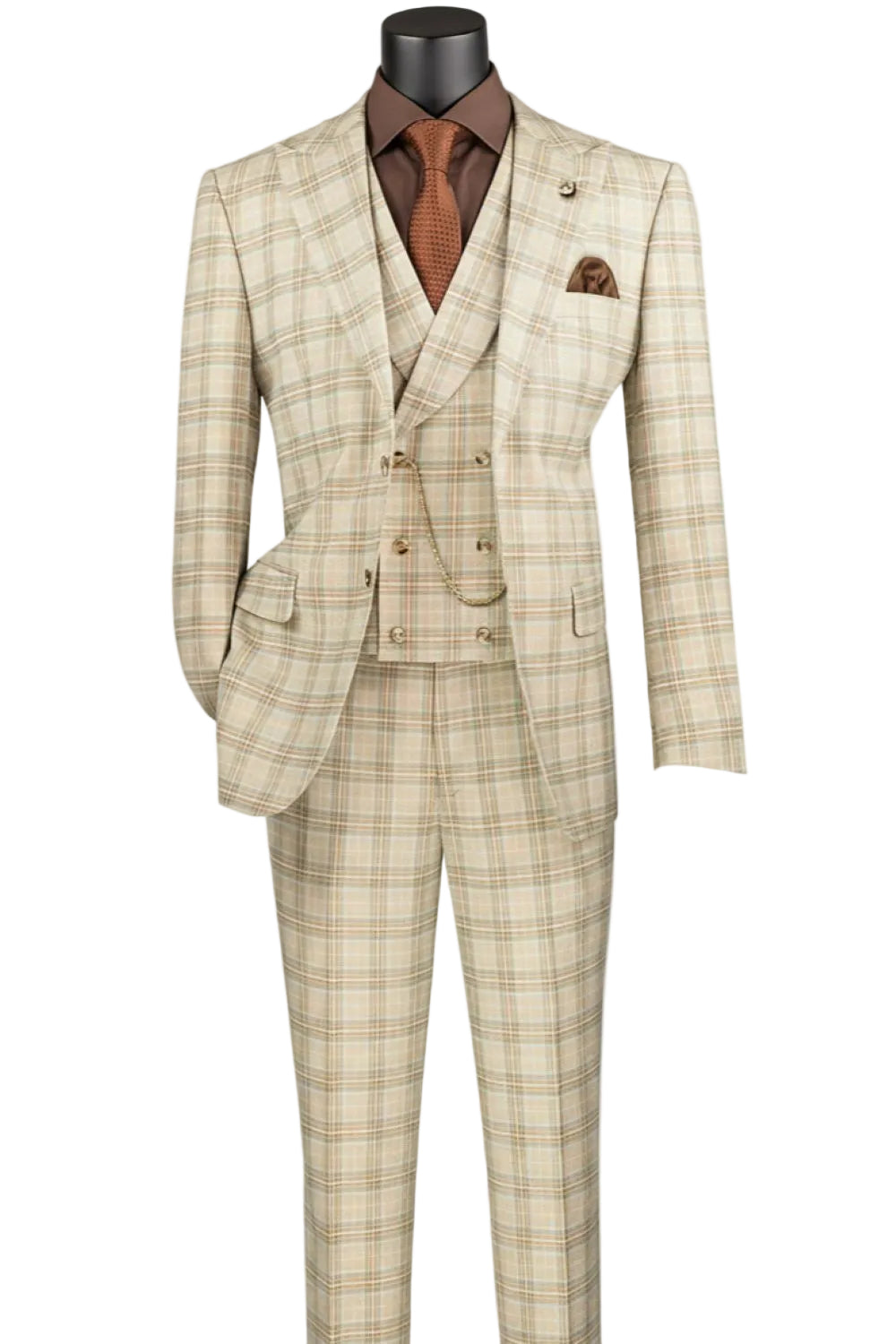 Khaki Modern Fit Windowpane Peak Lapel 3 Piece Suit