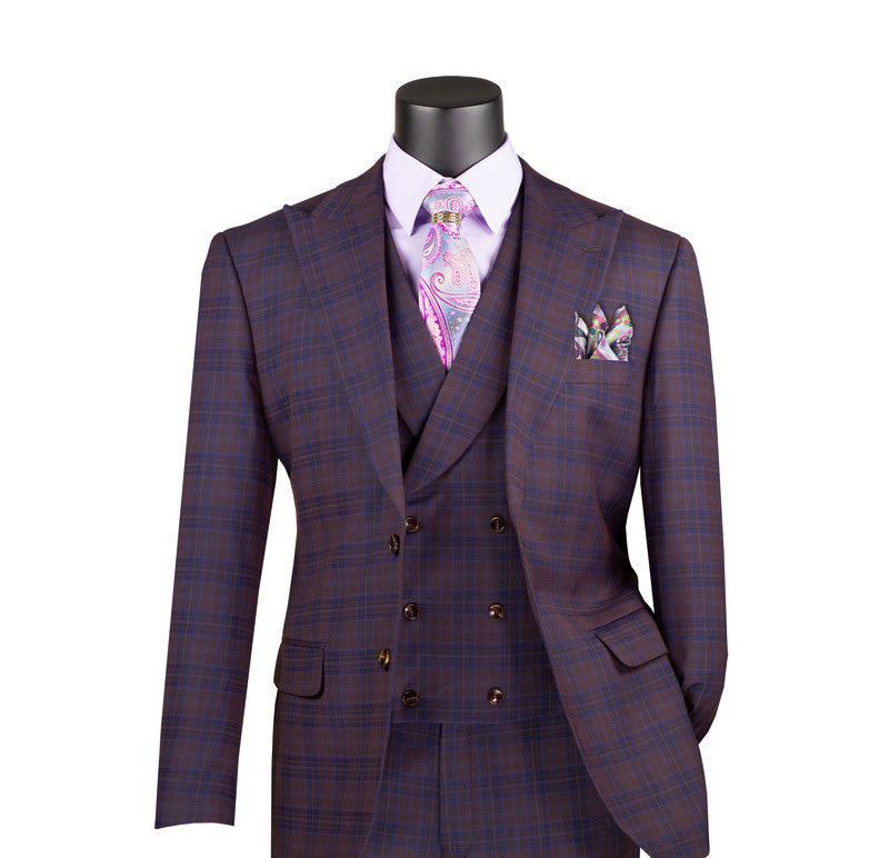 Purple Modern Fit Windowpane Peak Lapel 3 Piece Suit