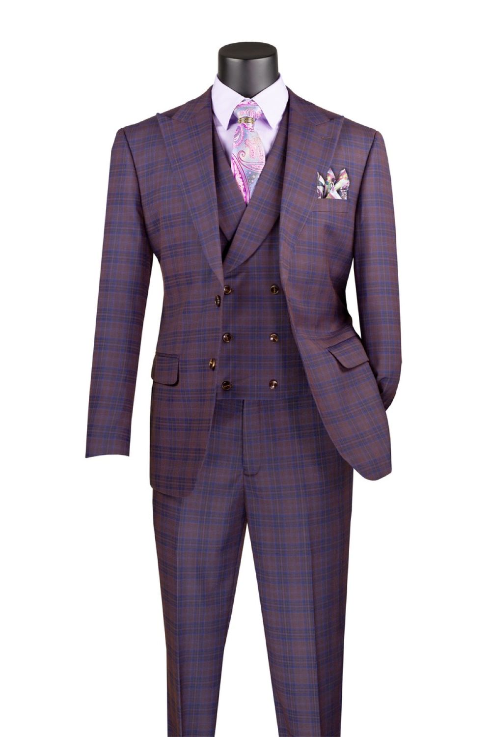 Purple Modern Fit Windowpane Peak Lapel 3 Piece Suit