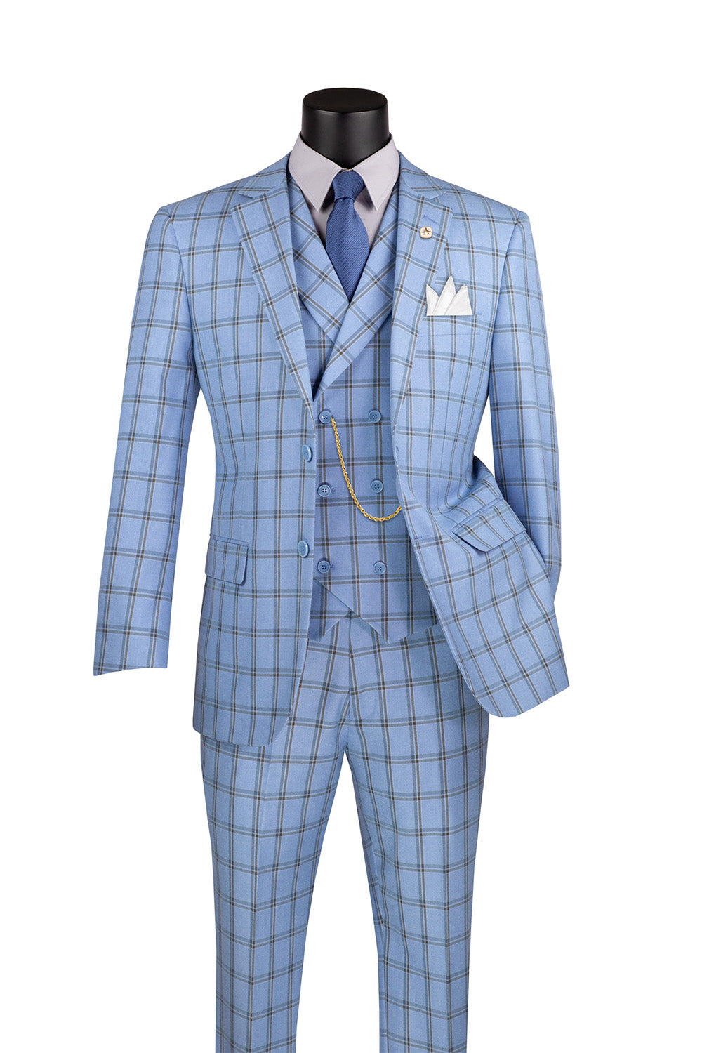 A light blue windowpane pattern 3-piece suit consisting of a blazer, vest, and pants displayed on a mannequin.