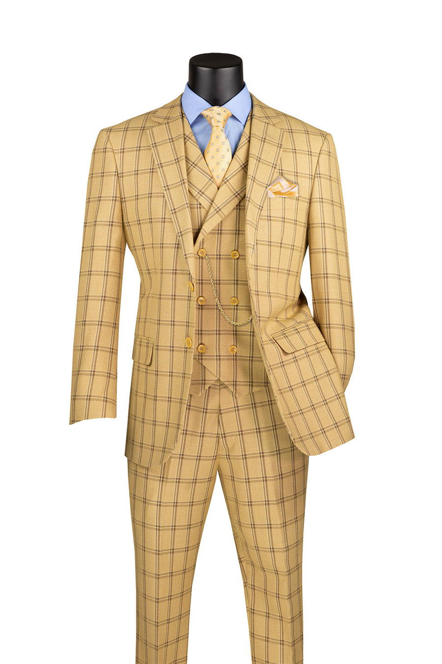 A mannequin wearing a tan windowpane patterned 3-piece suit, including a blazer, vest, and pants.