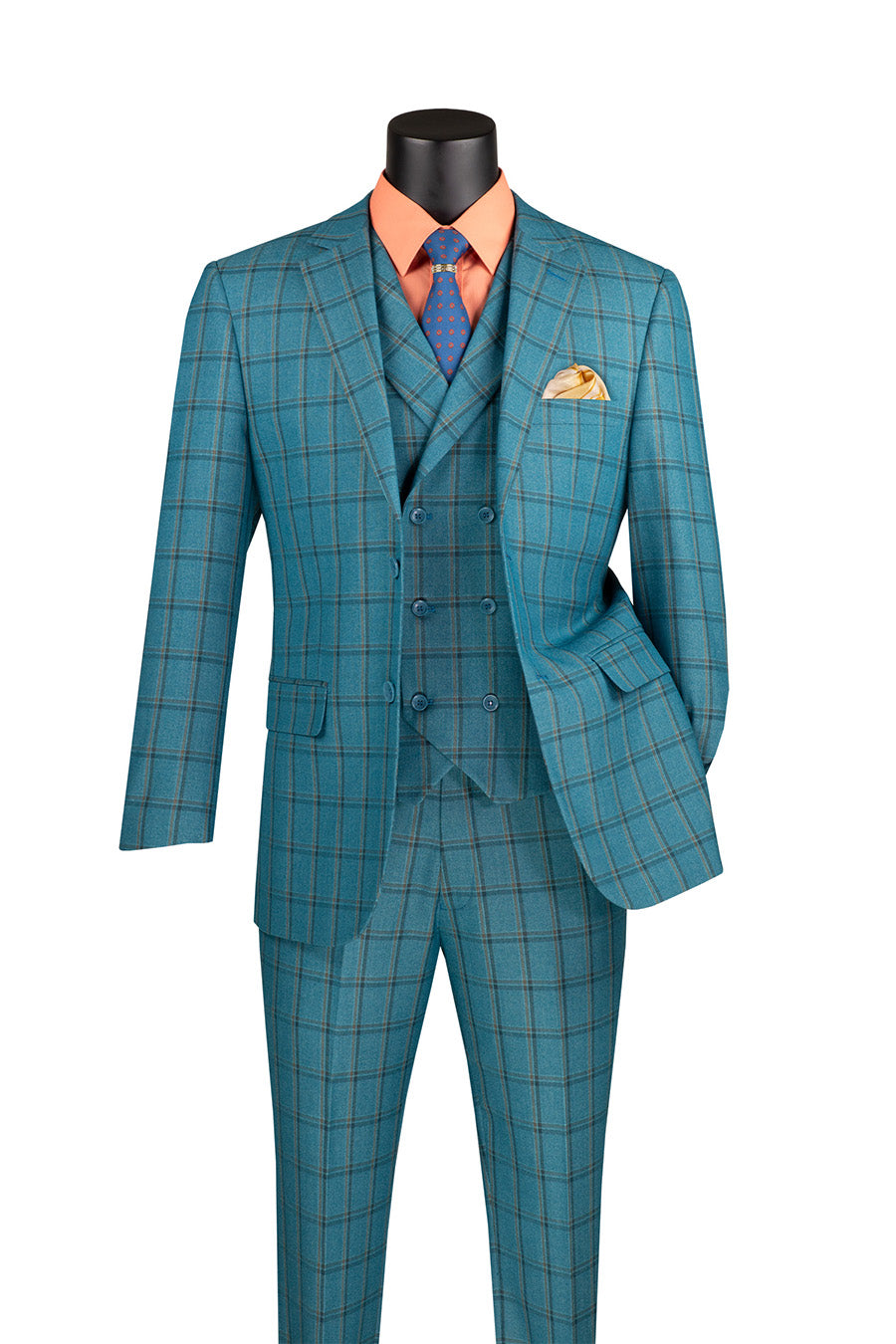 Blue Modern Fit Windowpane Peak Lapel 3 Piece Suit