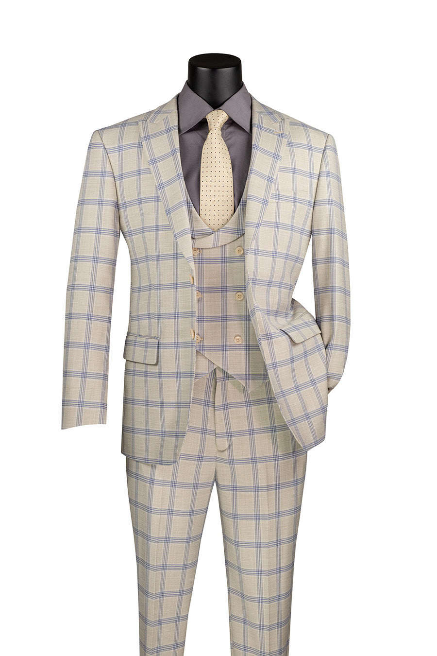 A light beige, windowpane patterned, 3-piece suit with a U-Neck vest displayed on a mannequin.