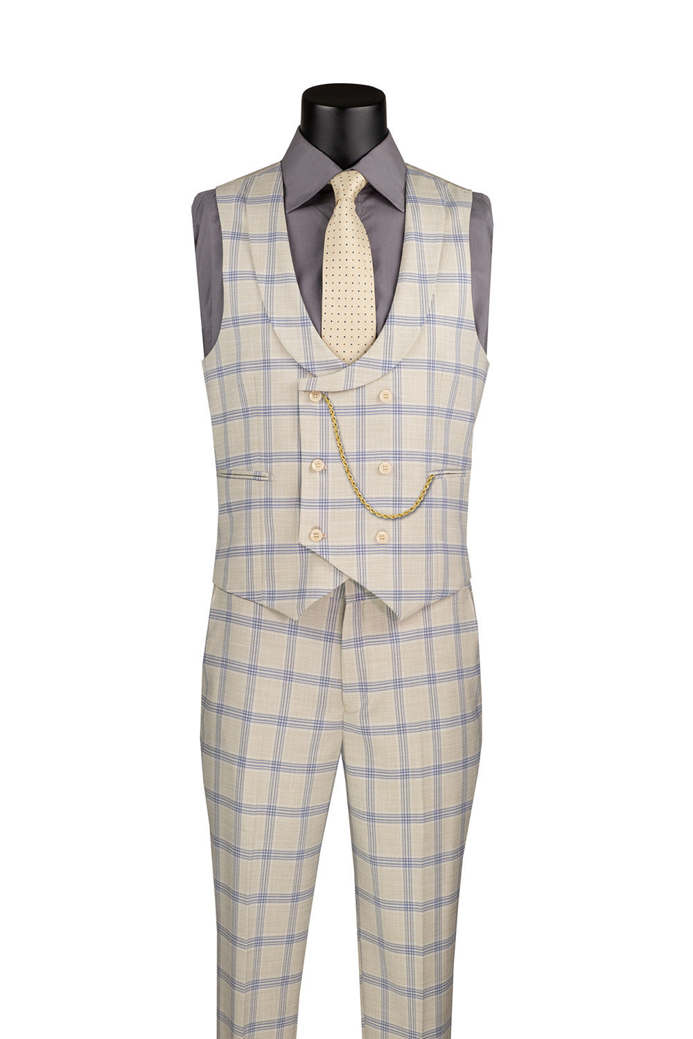A close-up of a Vinci light beige modern fit windowpane 3-piece suit, showcasing its premium fabric, U-neck vest, and tie.